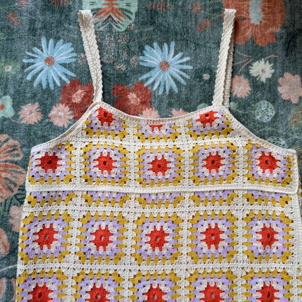 Boho Crochet‎ Granny Square Mini Dress Multi Color Lined Sleeveless Medium L6248